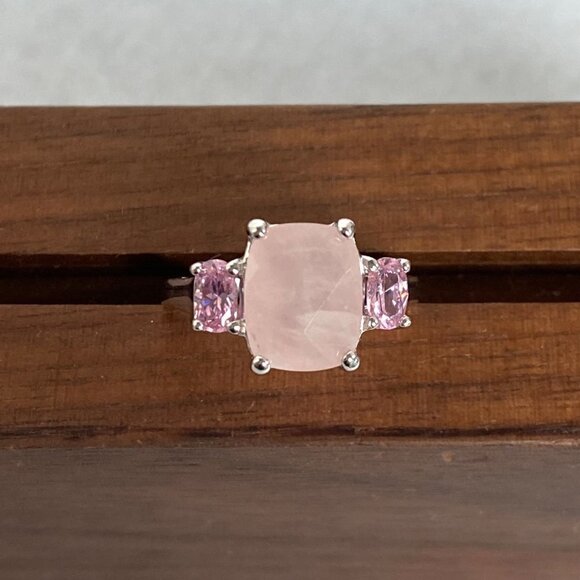 Sterling Silver 925 Thailand Faceted Prong Set Rose Quartz Pink CZ Ring Sz 5.75 - Picture 11 of 16
